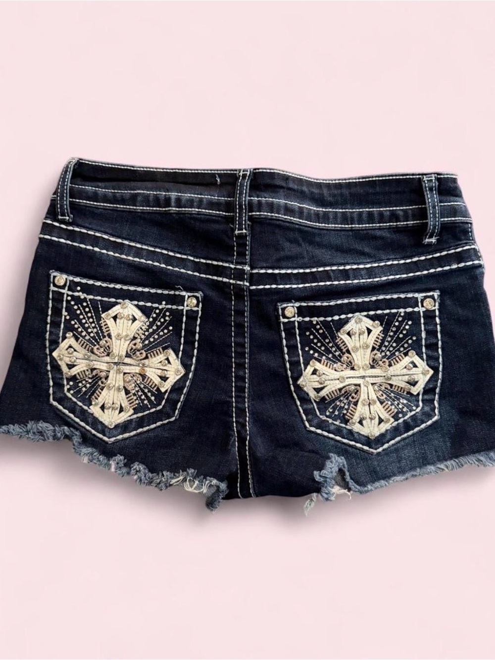 Embroidered Cross Accent Dark Blue Denim Shorts